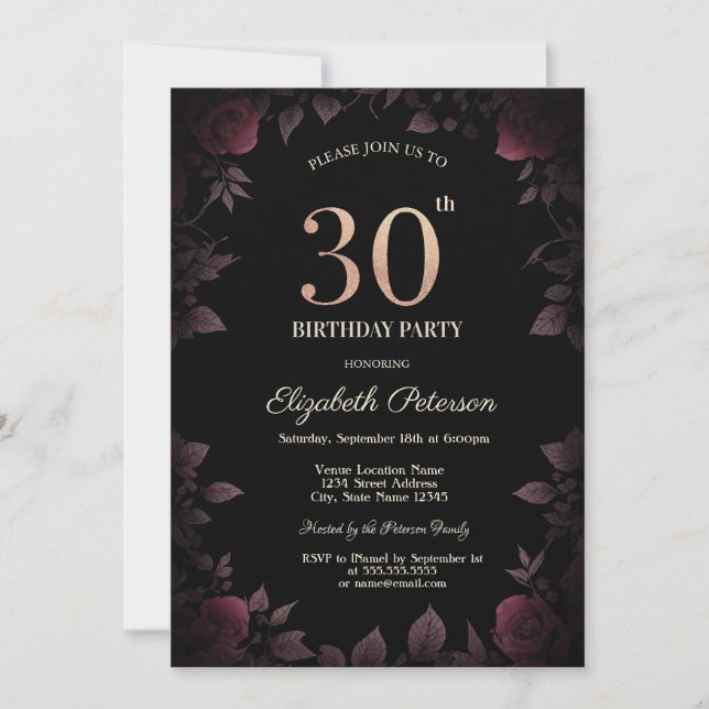 Elegant Dark Burgundy Roses Black 30th Birthday Invitation (Front)