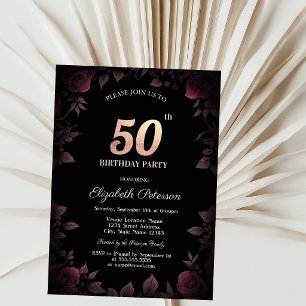 Elegant Dark Burgundy Roses Black 50th Birthday Invitation