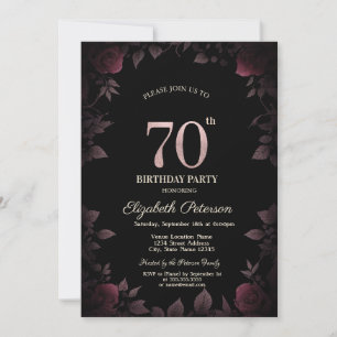 Elegant Dark Burgundy Roses Black 70th Birthday Invitation