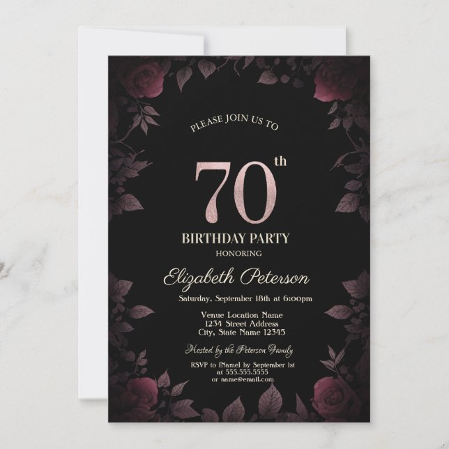 Elegant Dark Burgundy Roses Black 70th Birthday Invitation (Front)