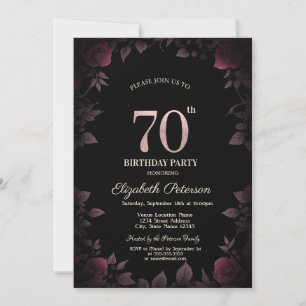 Elegant Dark Burgundy Roses Black 70th Birthday Invitation