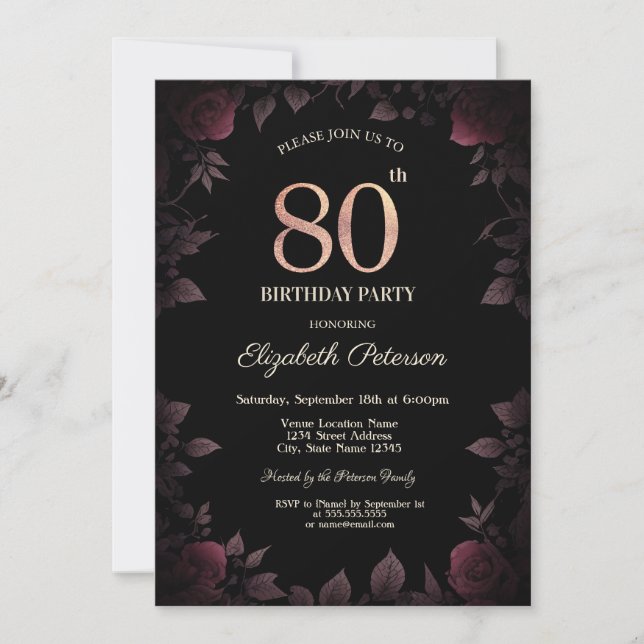 Elegant Dark Burgundy Roses Black 80th Birthday  Invitation (Front)