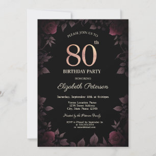 Elegant Dark Burgundy Roses Black 80th Birthday Invitation