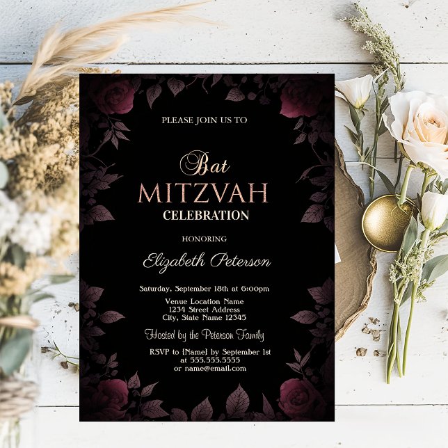 Elegant Dark Burgundy Roses Black Bat Mitzvah  Invitation (Creator Uploaded)