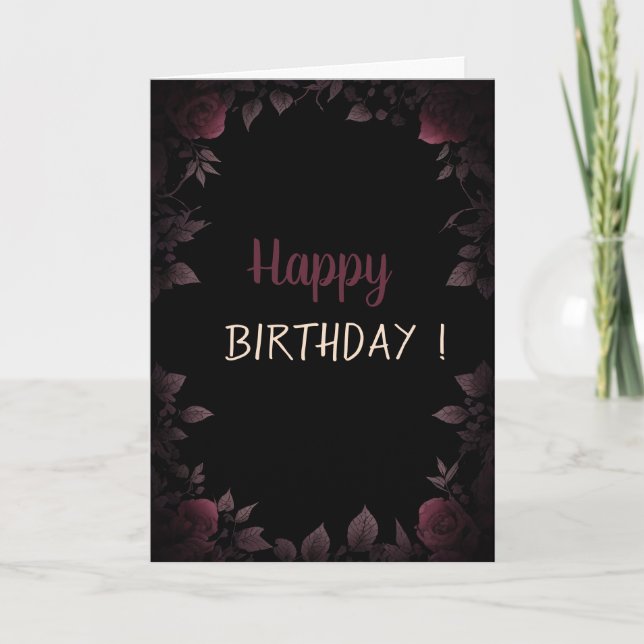 Elegant Dark Burgundy Roses Black Birthday Card (Front)