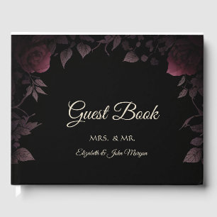 Elegant Dark Burgundy Roses Black Guest Book
