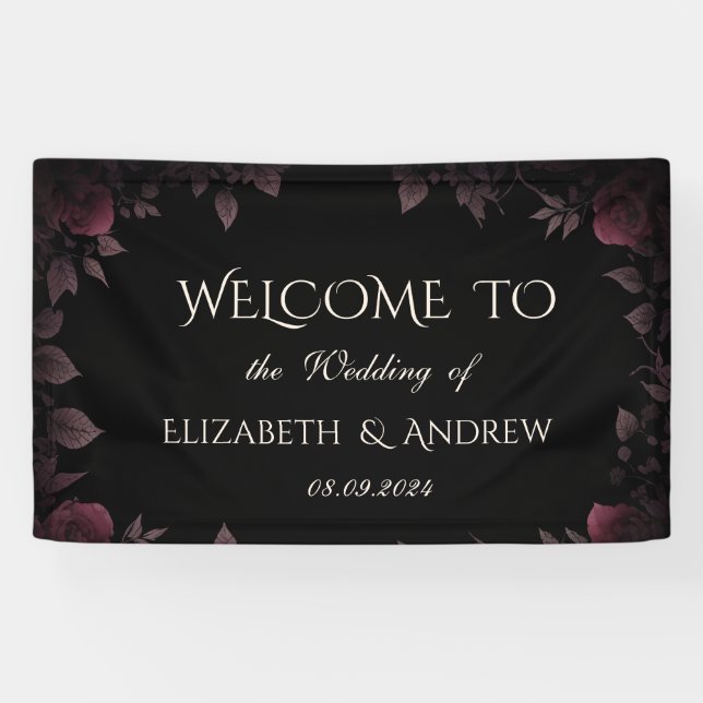 Elegant Dark Burgundy Roses Black Wedding Banner (Horizontal)