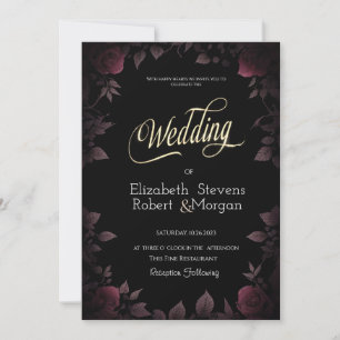 Elegant Dark Burgundy Roses Black Wedding Invitation