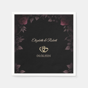 Elegant Dark Burgundy Roses Black Wedding Napkin