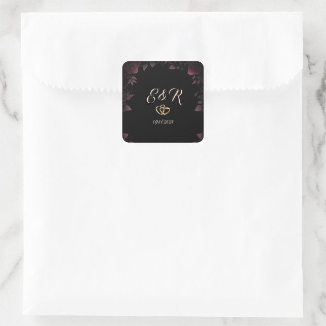 Elegant Dark Burgundy Roses Black Wedding Square Sticker (Bag)