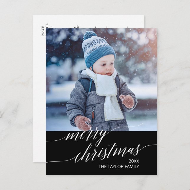 Elegant Dark Calligraphy Merry Christmas Photo Holiday Postcard (Front/Back)