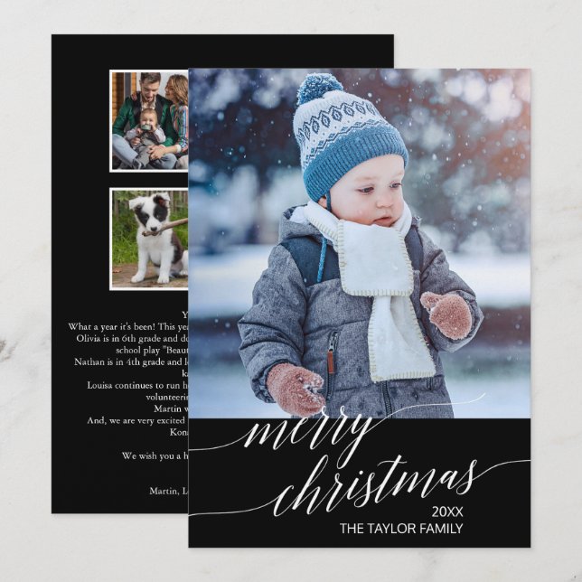 Elegant Dark Calligraphy Year In Review Photo Holiday Card (Front/Back)