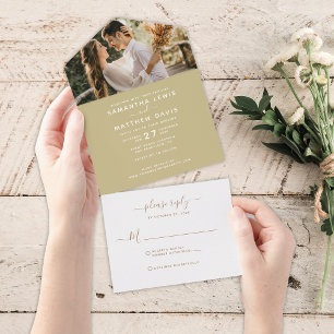 Elegant Dark Champagne Calligraphy Photo Wedding All In One Invitation