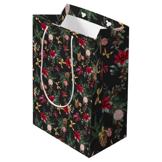 Elegant Dark Christmas Botanical Greenery Pattern Medium Gift Bag (Back Angled)