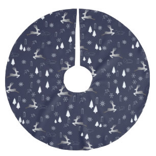 Elegant Dark Christmas TreeSkirt w Silver Reindeer Brushed Polyester Tree Skirt