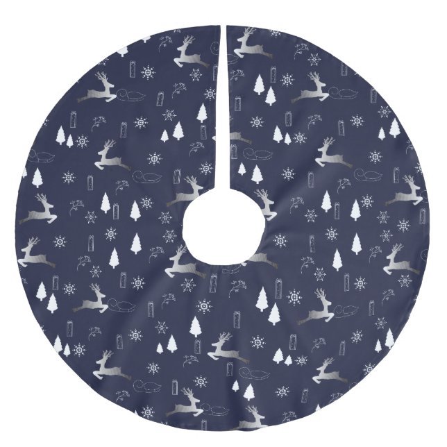 Elegant Dark Christmas TreeSkirt w Silver Reindeer Brushed Polyester Tree Skirt (Front)