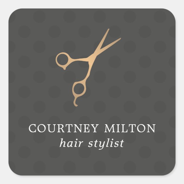 Elegant Dark Dotted Faux Gold Scissor Hair Stylist Square Sticker (Front)