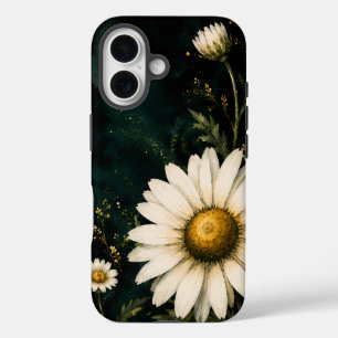Elegant Dark Emerald Daisy Floral Gold iPhone 16 Case