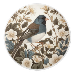 Elegant Dark-eyed Junco Cream Floral Ceramic Knob