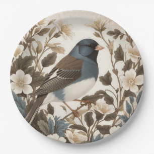 Elegant Dark-eyed Junco Cream Floral Paper Plate