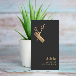Elegant Dark Faux Gold Scissors Comb Hairstylist Business Card