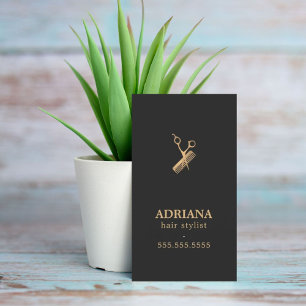 Elegant Dark Faux Gold Scissors Comb Hairstylist Business Card