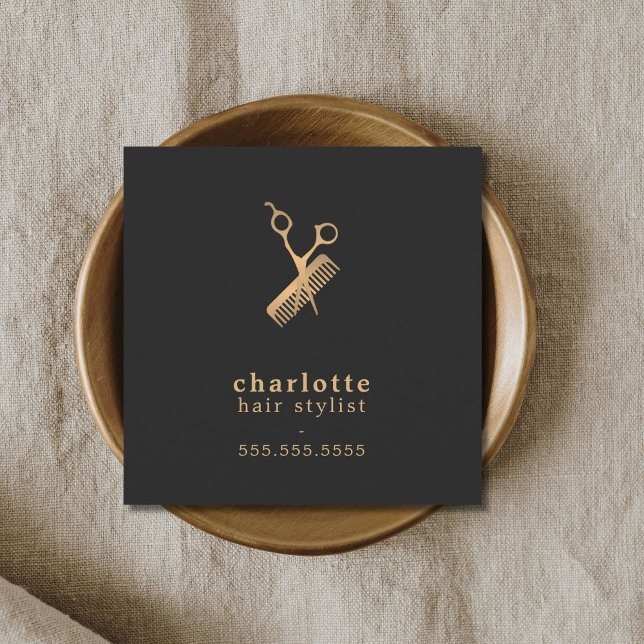 Elegant Dark Faux Gold Scissors Comb Hairstylist Square Business Card (Creator Uploaded)