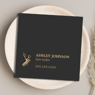 Elegant Dark Faux Gold Scissors Comb Hairstylist Square Business Card