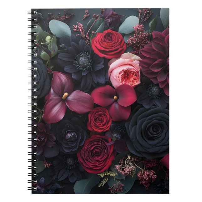 Elegant Dark Floral Arrangement Featuring Roses  Notebook (Front)