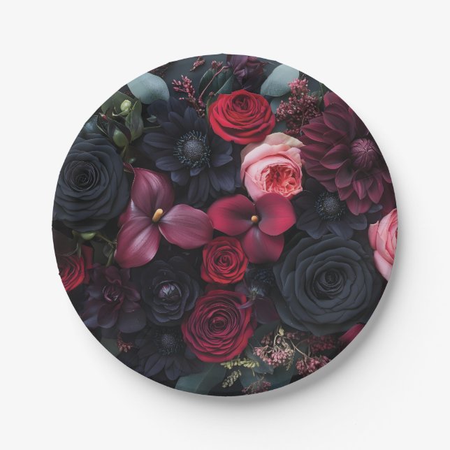 Elegant Dark Floral Arrangement Featuring Roses  Paper Plate (Front)