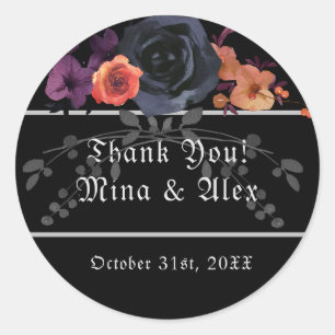 Elegant Dark Floral Black Goth Wedding Classic Round Sticker