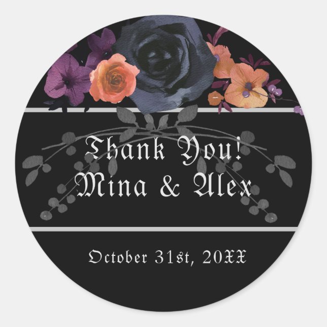 Elegant Dark Floral Black Goth Wedding Classic Round Sticker (Front)