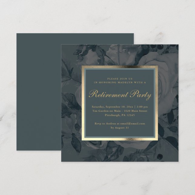 Elegant Dark Floral Blue Grey Retirement Party Invitation (Front/Back)
