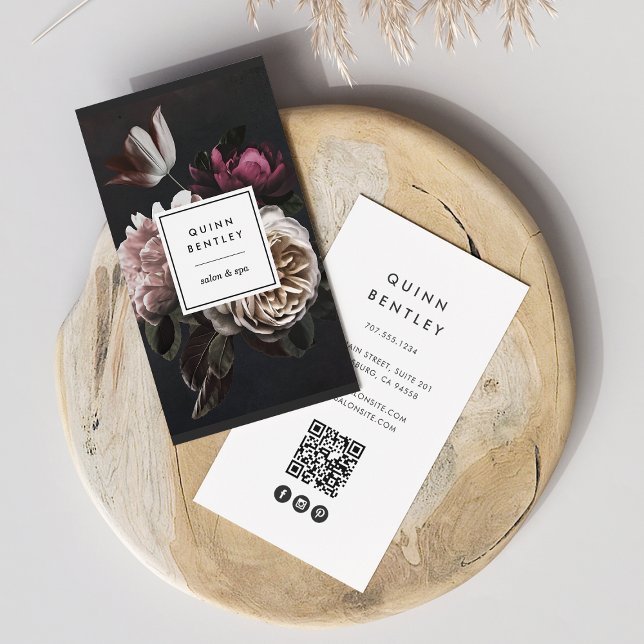 Elegant Dark Floral Bouquet | Vertical QR Code Business Card (Creator Uploaded)
