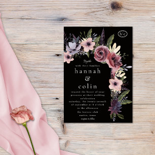 Elegant Dark Floral Cascade Black Burgundy Invitation