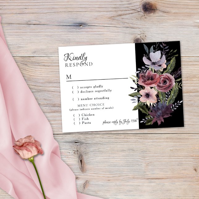 Elegant Dark Floral Cascade Black Burgundy RSVP Ca (Creator Uploaded)