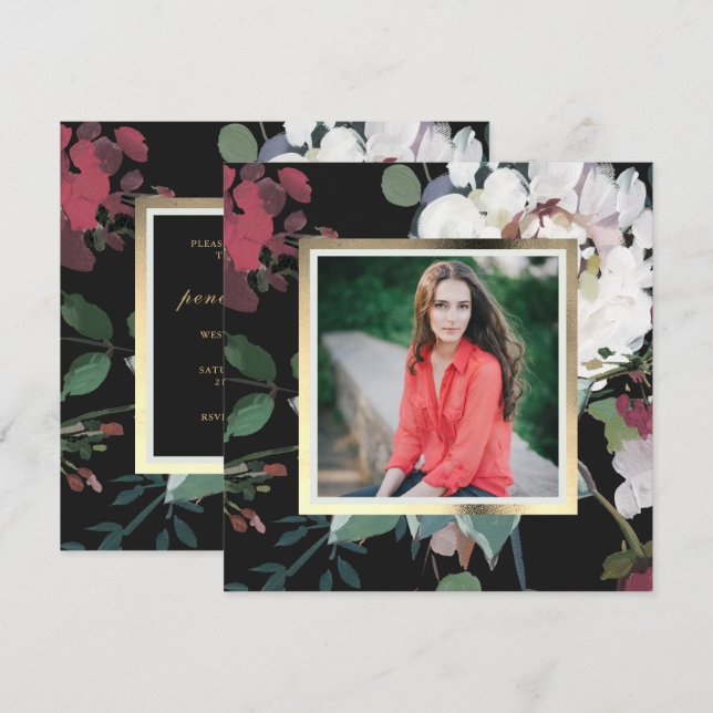 Elegant Dark Floral Graduation Party Photo Invitation (Front/Back)