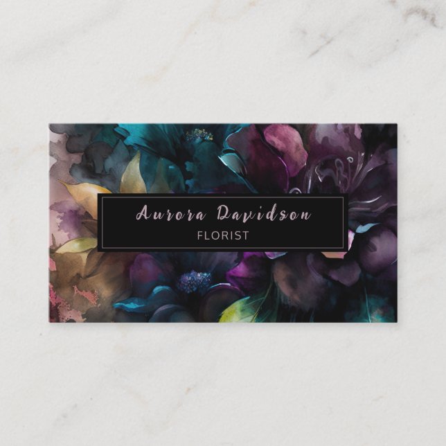Elegant Dark Floral on Black Business Card (Front)