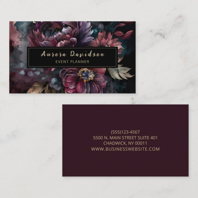 Elegant Dark Floral on Black Business Card (Front/Back)