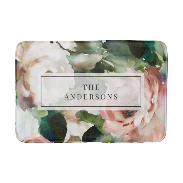 Elegant dark floral peony modern personalised bath mat (Front)