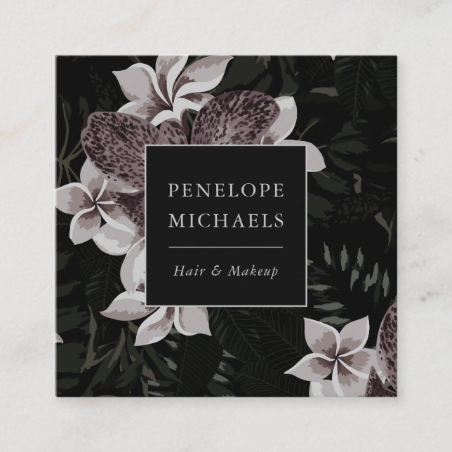 Elegant Dark Floral Print Square Business Card (Front)