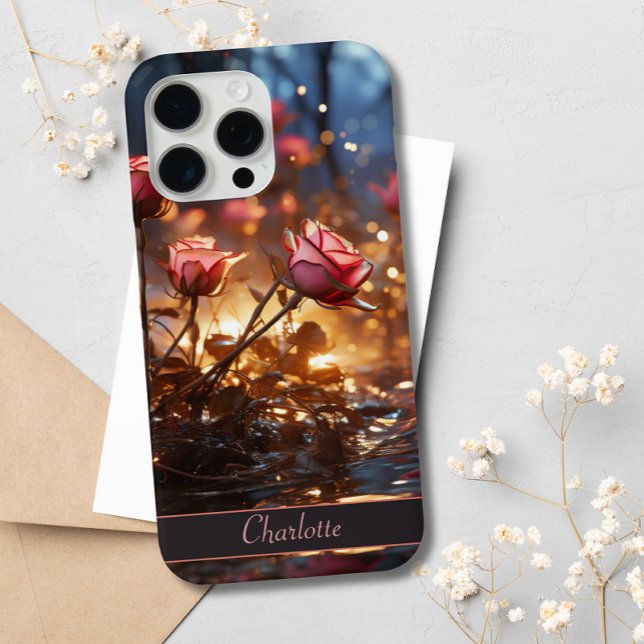 Elegant Dark Floral Red Pink Roses Custom Name Case-Mate iPhone Case (Creator Uploaded)