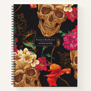 Elegant Dark Floral Skulls on Black Personalised Notebook