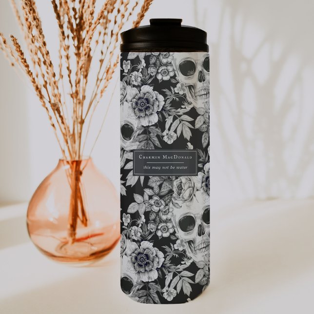 Elegant Dark Floral Skulls on Black Personalised Thermal Tumbler (Creator Uploaded)
