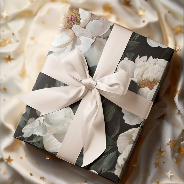 Elegant Dark Floral Watercolor Peony White Wrapping Paper (Creator Uploaded)
