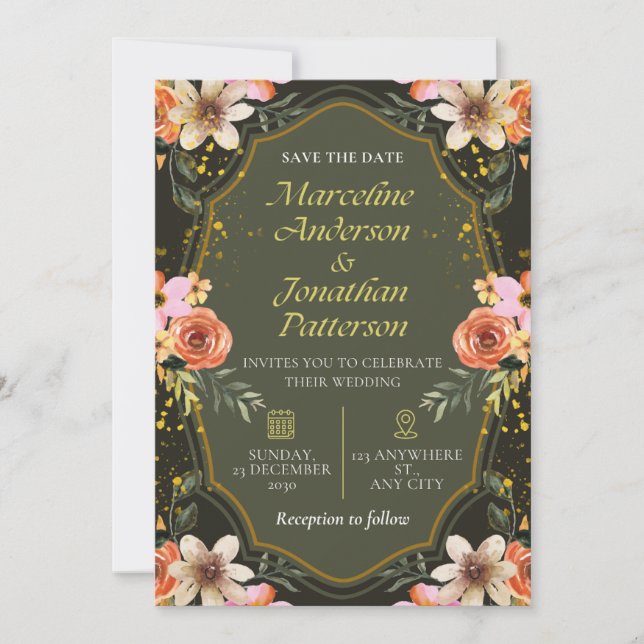 Elegant Dark Floral Wedding Invitation Card (Front)