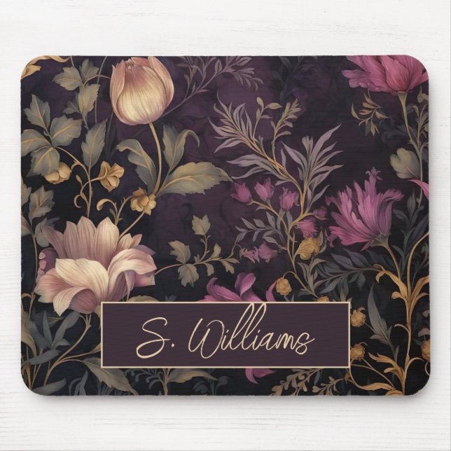 elegant dark flower pattern with name mouse mat (Front)
