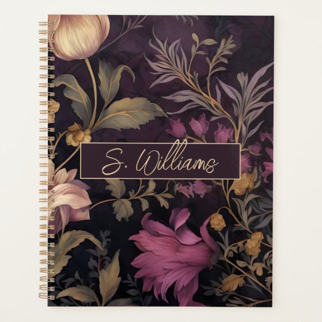 elegant dark flower pattern with name planner (Front)