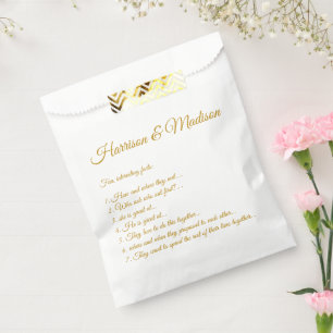 Elegant dark gold custom script couple fun facts favour bags