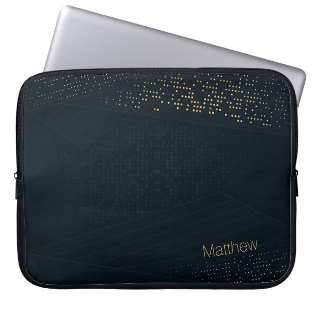 Elegant Dark-Gold Halftone Pattern and Custom Name Laptop Sleeve (Front)
